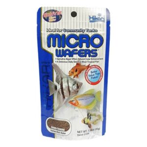 Hikari Tropical Micro Wafers 45g packaging for small and medium tropical fish, enhancing color and providing balanced nutrition.