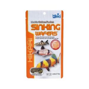 Hikari Tropical Sinking Wafers packaging designed for bottom feeders with fish images and nutritional information.