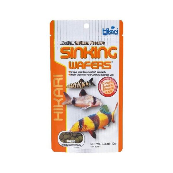 Hikari Tropical Sinking Wafers packaging designed for bottom feeders with fish images and nutritional information.