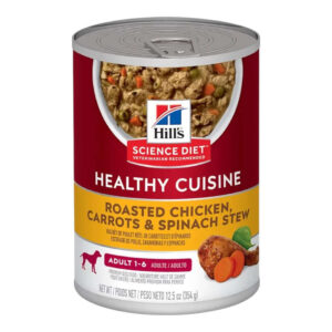Hill's Science Plan Adult Wet Dog Food in a can featuring roasted chicken, carrots, and spinach stew for dogs.