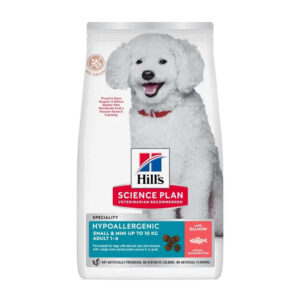 Hills Science Plan Hypoallergenic Adult Small & Mini with Salmon Dry Dog Food, 10 kg bag for small breed dogs.