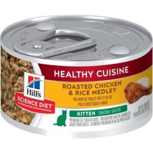 Hill's Science Diet Healthy Cuisine Roasted Chicken & Rice Medley canned cat food for kittens, 79g packaging.