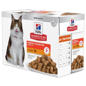 Hill's Science Plan Perfect Digestion Chicken Adult Cat Wet Food Pouches packaging with cat image and nutrition information.