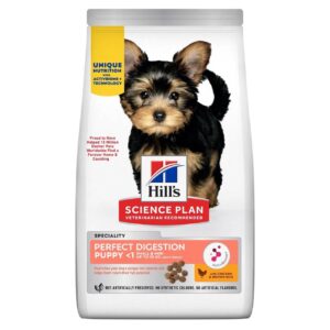 Hill's Science Plan Perfect Digestion Chicken Puppy Food for small breeds, featuring a happy puppy on the packaging.