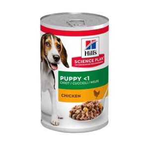 Hill's Science Plan Puppy Chicken tin for balanced nutrition in puppies, featuring a happy dog on the label.