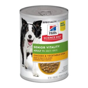 Hill's Science Plan Senior Vitality Chicken and Vegetable Stew 354g can for dogs, promoting health and vitality in older pets.