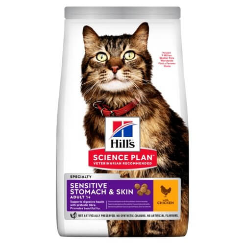 Hill's Science Plan Adult Sensitive Stomach & Skin Cat Food for cats, 1.5kg bag with chicken flavour, supports digestion and skin health.