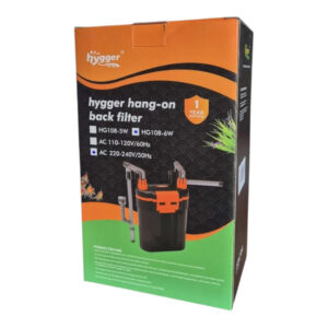 Hygger Hang on Back Canister Filter packaging showcasing versatile filtration system for freshwater and saltwater tanks.