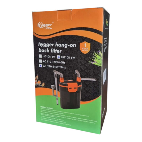 Hygger Hang on Back Canister Filter packaging showcasing versatile filtration system for freshwater and saltwater tanks.