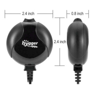 Hygger Mini Air Pump dimensions showing 2.4 inches width and 0.8 inches thickness, designed for quiet performance in small aquariums.