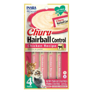 Inaba Churu Hairball Control Cat Treats in Chicken Recipe with 4 tubes, designed to help cats manage hairballs.