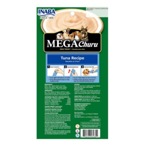 Inaba Churu Mega Dog Treat Tuna Recipe packaging, featuring feeding instructions and ingredients for dog treats.