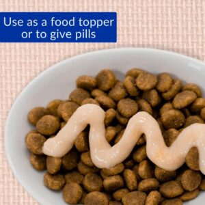 Bowl of cat food with creamy Inaba Churu treat as a topper, ideal for giving pills or enhancing meals.