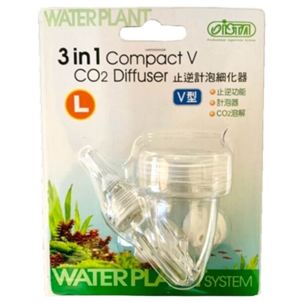 ISTA 3-in-1 Compact V Large CO2 diffuser packaging, featuring integrated bubble counter and check valve for aquariums.