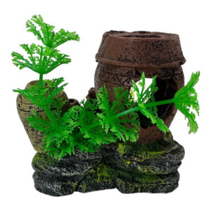 Decorative jars with vibrant plants on rock formation for aquarium ornament.