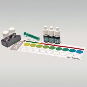 JBL Ammonium Test Kit NH4 components including reagents, vials, and color comparison chart for water testing.