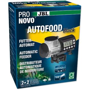 JBL AutoFood Black automatic fish feeder box with clear digital timer display and easy settings for aquarium feeding.