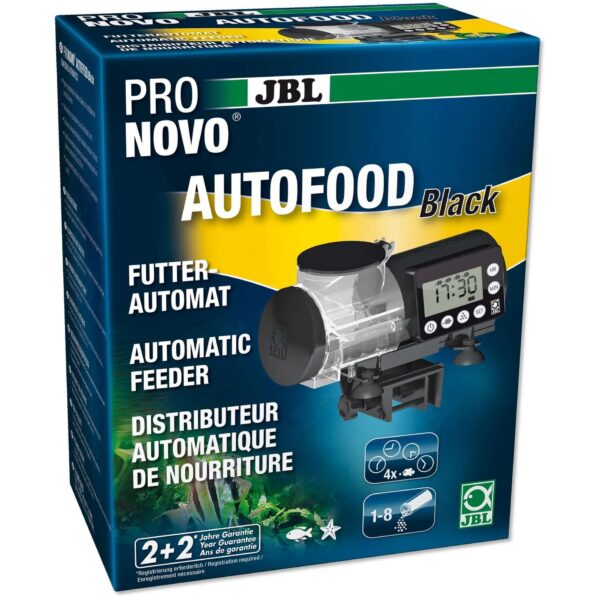 JBL AutoFood Black automatic fish feeder box with clear digital timer display and easy settings for aquarium feeding.