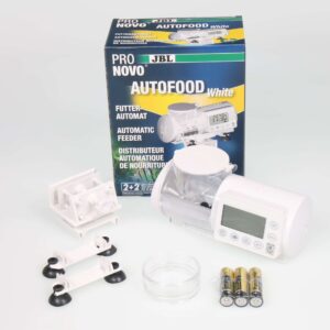 JBL AutoFood Automatic Fish Feeder kit including feeder, display, accessories, and packaging for aquarium fish feeding automation.