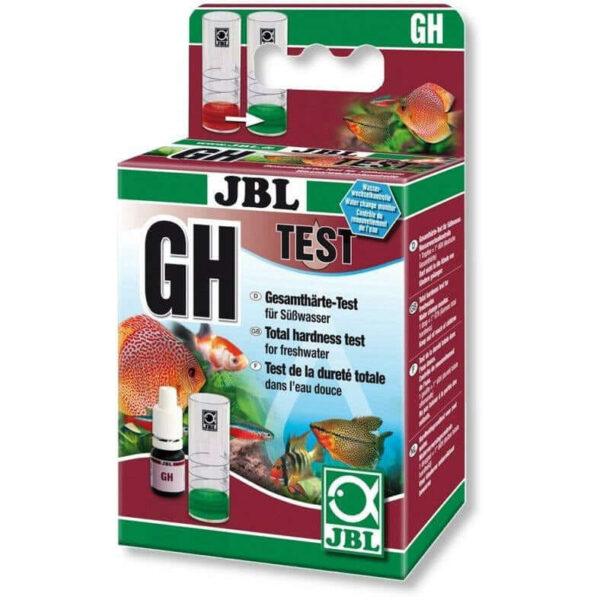 JBL GH Test Kit for freshwater aquariums, total hardness measurement with clear instructions and color change indicator.