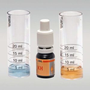 JBL KH Test Kit components including test reagents and plastic cuvettes for measuring carbonate hardness in aquariums.