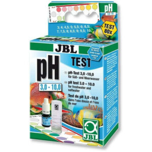 JBL pH Test Kit 3.0-10.0 for freshwater and marine aquariums, includes color chart and testing reagents.