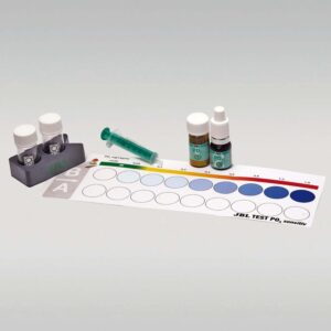 JBL Phosphate Sensitive Test Kit PO4 including reagents, vials, and color chart for testing phosphate levels in aquariums.