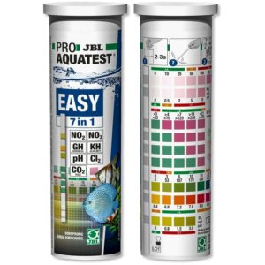 JBL Pro Aqua EasyTest 7 in 1 test strips for quick water testing in aquariums with color-coded results.