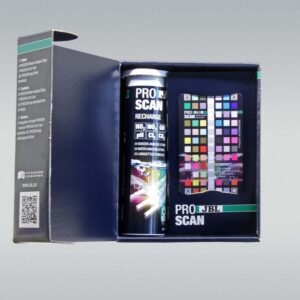 JBL ProScan Test Strips in box, includes recharge solution and color guide for water analysis.