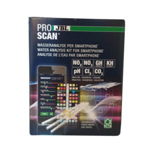 JBL ProScan Test Strips for smartphone water analysis kit, featuring test strip information and smartphone interface.