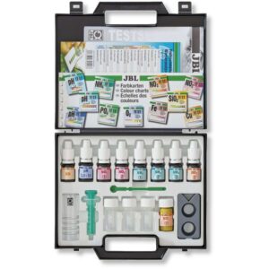 JBL Test Combi Set Plus NH4 Test Kit showing vials, syringes, and color charts for aquarium water testing.