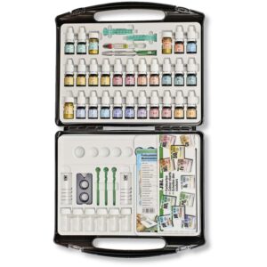 JBL Testlab Test Kit open case displaying 13 water analysis tests for aquariums, including reagents and sample containers.