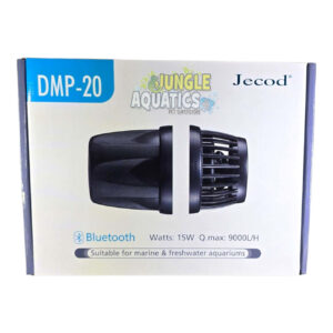 Jecod DMP Wavemaker box showing Bluetooth connectivity, 15W power, and suitability for marine and freshwater aquariums.