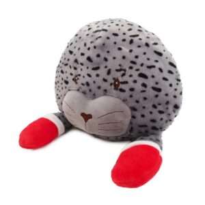 Jolly Jumbo Seal plush toy in gray with red flippers, perfect for dogs to cuddle and play with.