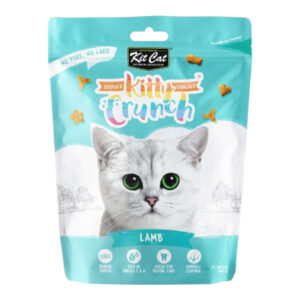 Kit Cat KittyCrunch cat treats in lamb flavor, featuring crunchy bites in fun shapes for dental care and mealtime enjoyment.
