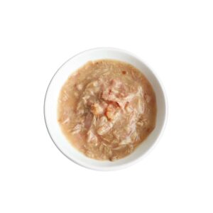 Bowl of Kit Cat White Meat Tuna Flakes and Shrimp with Goat's Milk, grain-free cat food for sensitive stomachs.