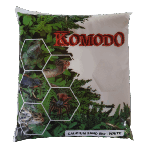 Komodo Calcium Sand White 5kg packaging, premium reptile substrate for a natural habitat.