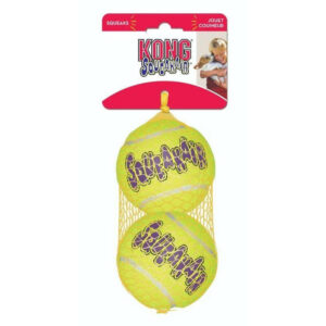 Kong Airdog SqueakAir Tennis Balls in mesh packaging, featuring bright yellow color and playful design for dogs.