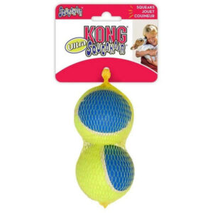 KONG Airdog SqueakAir Ultra Tennis Balls in packaging, featuring blue and yellow colors, designed for durable dog playtime.