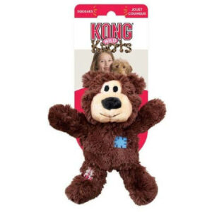 KONG Wild Knots Plush Bear Toy with squeaker, ideal for dogs, featuring soft fur and durable design.
