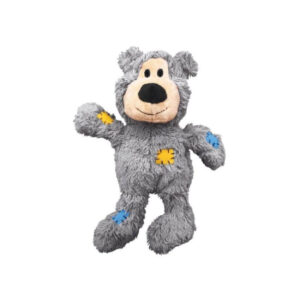 KONG Wild Knots Plush Bear Toy with a soft gray exterior, knotted rope skeleton, and vibrant colored patches for durability.
