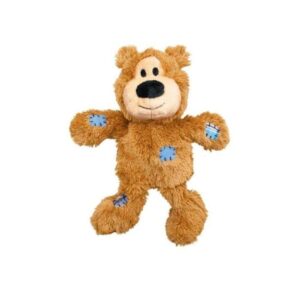 KONG Wild Knots Plush Bear Toy with a soft body, knotted rope skeleton, and squeaker for dogs' playtime enjoyment.