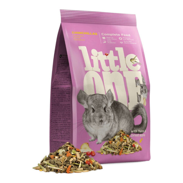 Little One Chinchilla Food bag with dried apple and nutritional ingredients for a balanced diet.