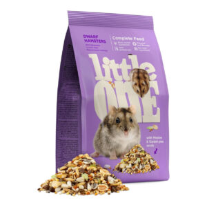 Little One Dwarf Hamster Food 400g package with nutrition-rich seeds and a dwarf hamster.