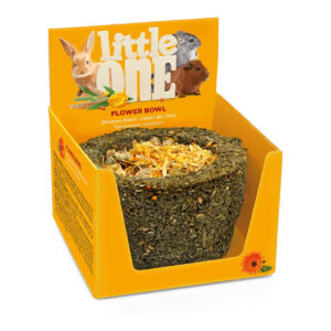Little One Flower Bowl Treat in packaging, made from meadow grass and marigold flowers, ideal for rodents and rabbits.