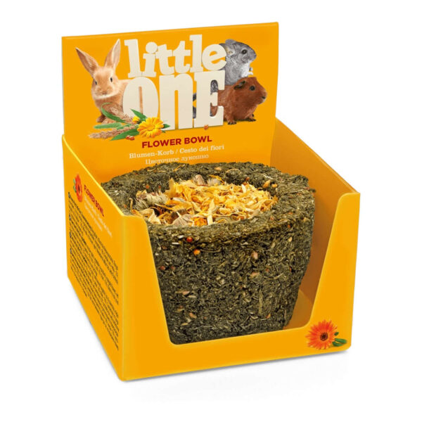 Little One Flower Bowl Treat in packaging, made from meadow grass and marigold flowers, ideal for rodents and rabbits.