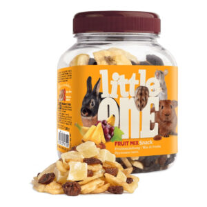 Little One Fruit Mix Snack 200g jar, featuring fruity ingredients like pineapple, banana, and coconut for pets.