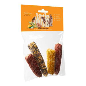 Little One Mini Corn Cobs 130g pack featuring colorful corn cobs, a natural treat for small pets.