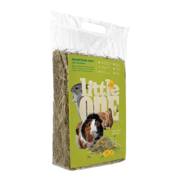 Little One Mountain Hay with Dandelion 400g package for herbivorous pets, rich in fiber for dental health and digestion.