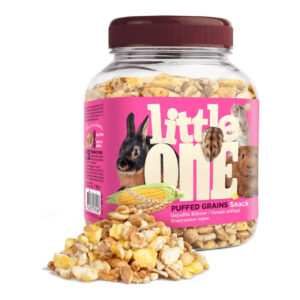 Little One Puffed Grains 70g jar with various puffed grains, a tasty treat for small pets like rabbits and hamsters.